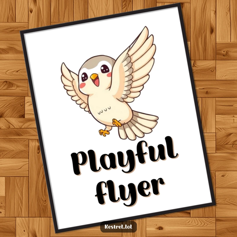 Funny kestrel poster showing a joyful kestrel character swooping playfully, creating a lively and humorous wall decor piece.