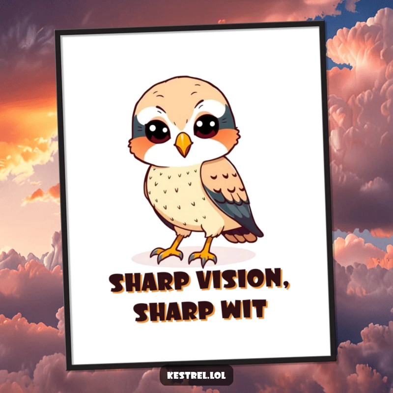 Funny kestrel poster showing a cheerful bird with sharp eyes, intently scanning the ground.
