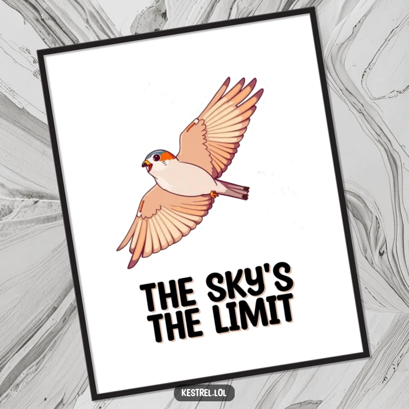 Funny kestrel poster, illustrating an energetic bird soaring in a wide arc against a blue sky; perfect wall art.