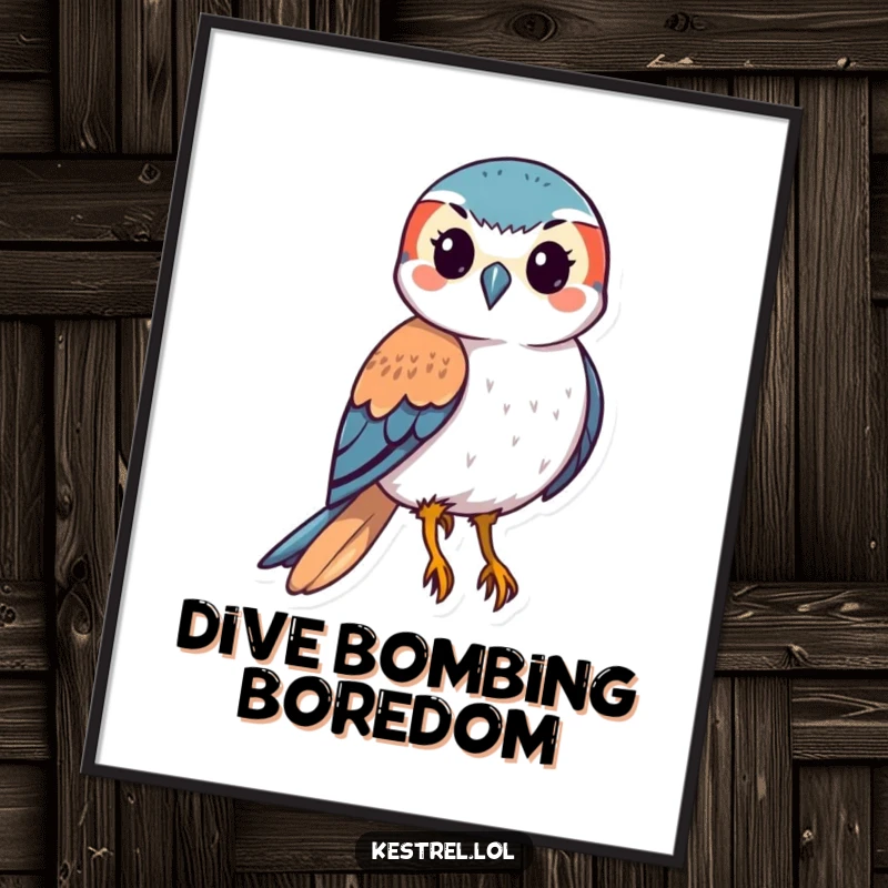 Funny kestrel poster depicting a stylized bird of prey in a powerful, swooping downward motion with wings tucked, symbolizing speed.