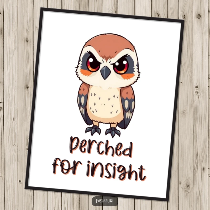 Funny poster of a kestrel character looking intently with sharp, focused eyes, adding humorous and sharp bird-themed wall art, a delightful funny gift.