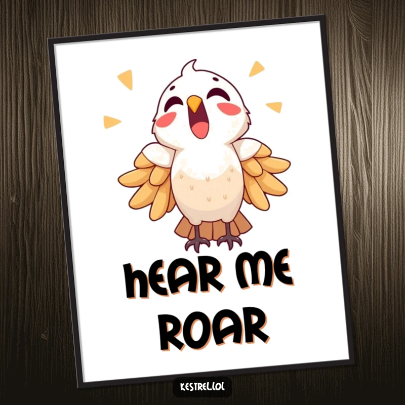 Funny triumphant kestrel poster, showing a bird in mid-cry celebrating, an inspirational and humorous wall piece.