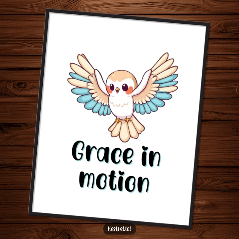 Funny kestrel poster art of a cute character gliding effortlessly with wings spread wide, symbolizing freedom and peace, a delightful funny gift.
