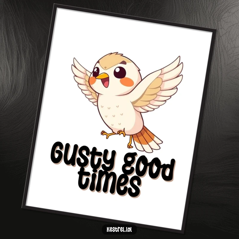 Funny giggling kestrel poster, showcasing the bird enthusiastically hovering mid-air, a charming and humorous wall art piece.