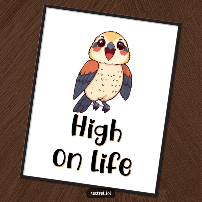 Funny kestrel poster showing a thrilled bird character perched proudly, a humorous and inspiring piece of wall art.