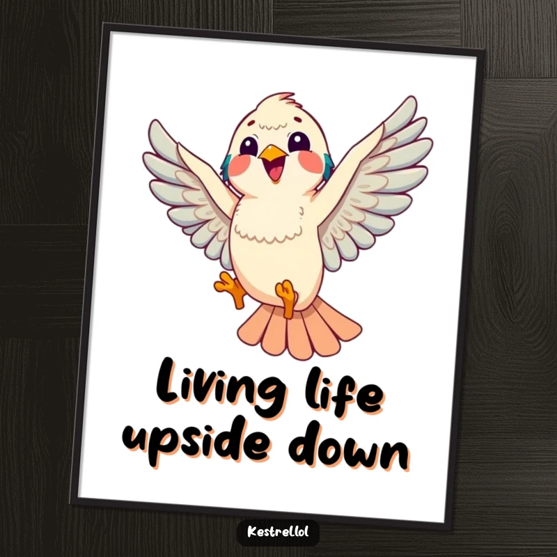 Funny kestrel poster showing a kestrel performing a joyful aerial loop, a whimsical and vibrant piece of wall art.