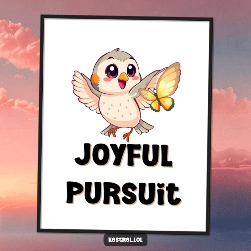 Funny poster of a happy kestrel with big eyes playfully chasing a shimmering butterfly, creating a delightful scene.