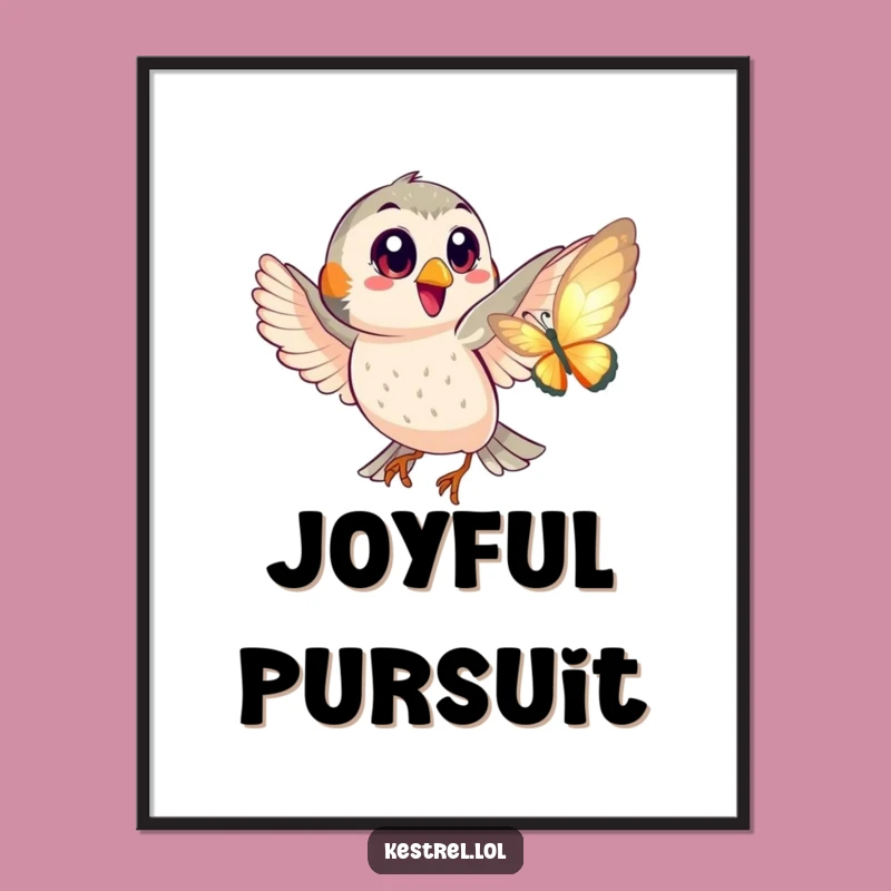 Funny Kestrel Butterfly Chase Poster - Playful Big Eyes Wall Art Gift