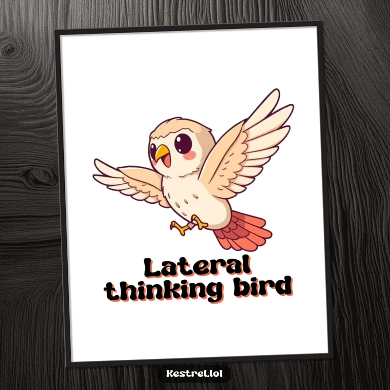 Funny kestrel poster, cute bird character bravely soaring sideways, vibrant wall art, humorous bird enthusiast decor.