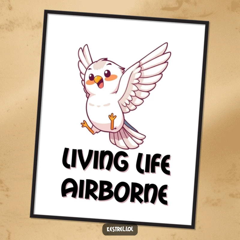 Funny kestrel poster, joyful bird character performing an aerial trick, dynamic and vibrant wall art, humorous decor.