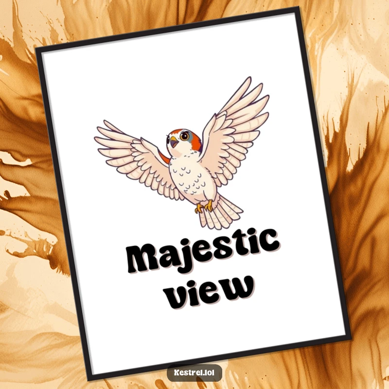 Funny kestrel poster showing a majestic bird of prey soaring with wings spread wide, eyes intensely scanning the horizon for humour.