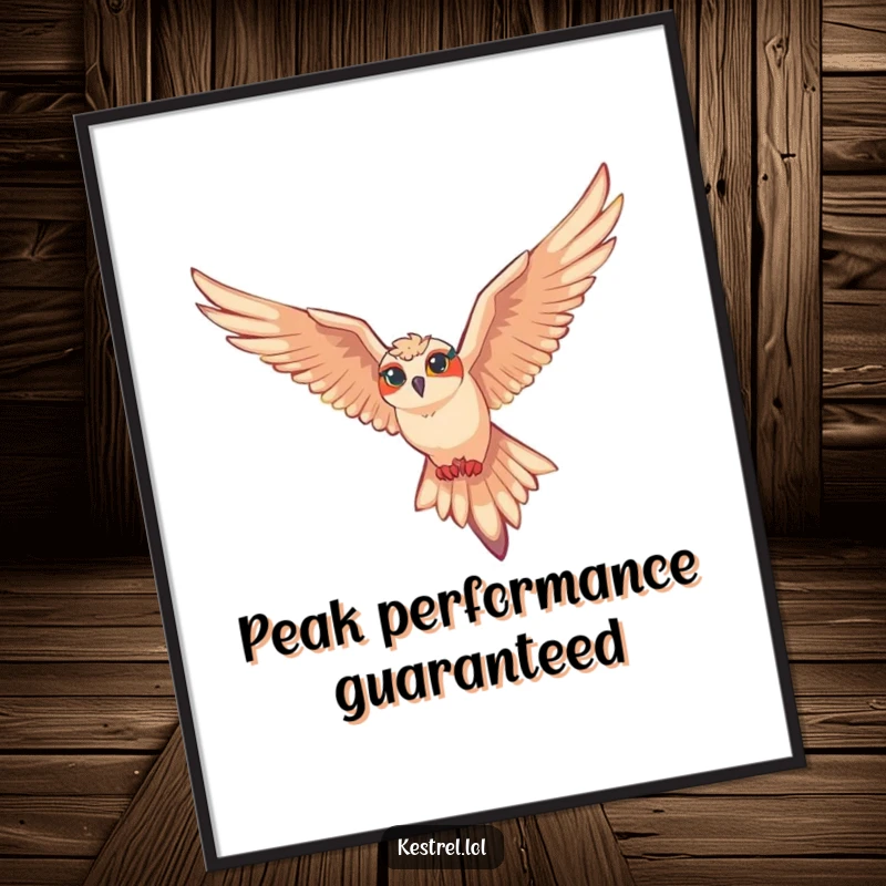 Funny kestrel poster showcasing a kestrel character in effortless flight, gliding majestically on air currents.