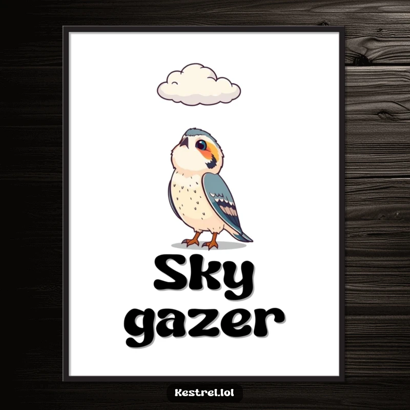 Funny poster of a curious kestrel character gazing intently upwards at a cloud, creating a humorous and thoughtful atmosphere.