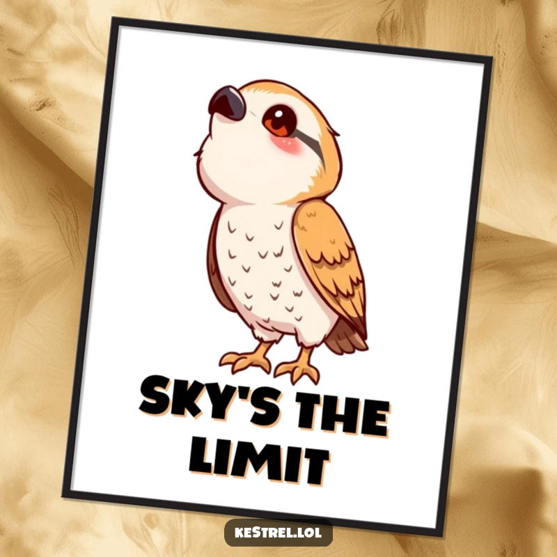 Funny kestrel poster showcasing a cute, stylized bird character in a playful pose, looking upwards with innocent curiosity and charm.