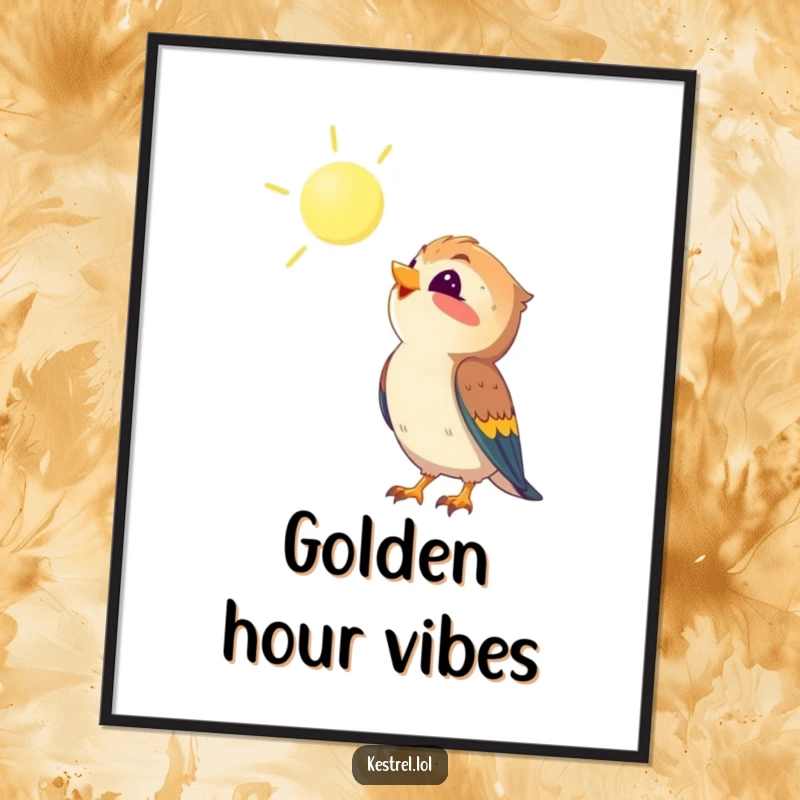 Funny kestrel poster showing a kestrel looking up at the sun with delight, a heartwarming and humorous piece of wall art.