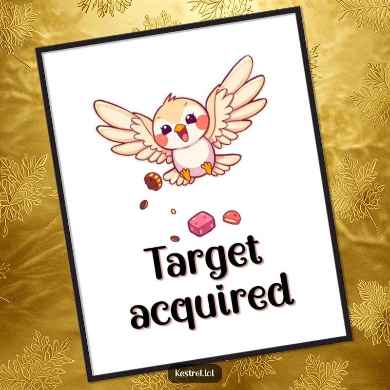 Funny kestrel poster showing a kestrel in a happy dive with wings spread, capturing playful energy, a humorous gift for bird art lovers.