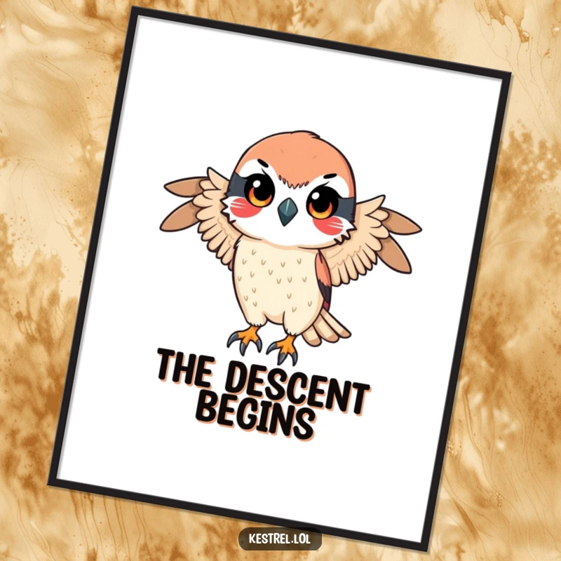 Funny poster art of a kestrel character with a determined gaze, poised for a swift descent, symbolizing focus and ambition.