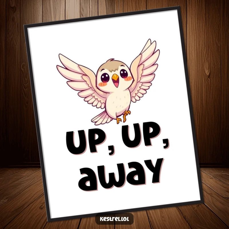 Funny smiling kestrel poster, showcasing the bird eagerly soaring with outstretched wings, a captivating piece of wall art.