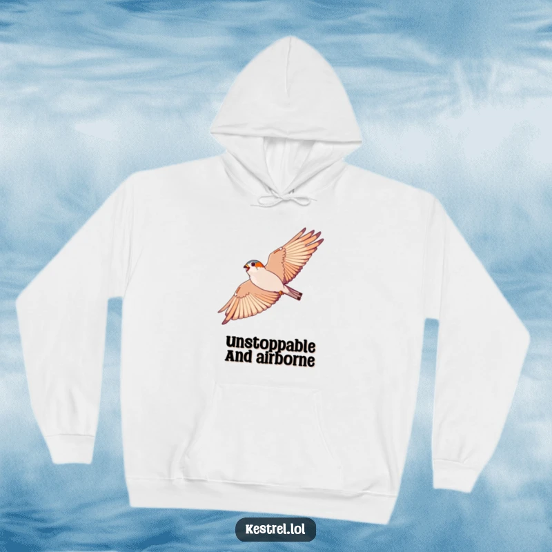 Funny kestrel hoodie, warm apparel featuring an energetic bird soaring in a wide arc; ideal for comfort.