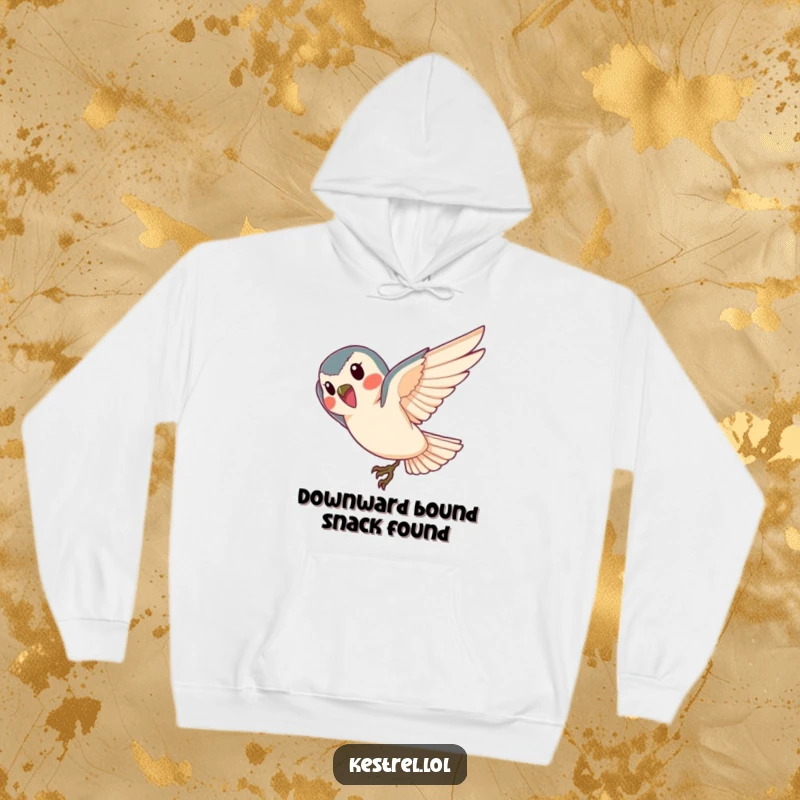 Funny kestrel diving hoodie, warm apparel featuring a cheerful bird in a graceful dive; ideal for comfort.