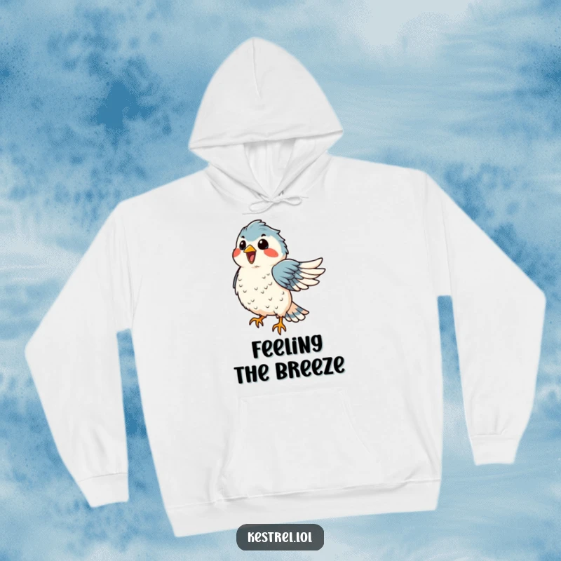 Funny kestrel hoodie showing a delighted bird dancing in the wind, feathers ruffled, offering warmth and joy.