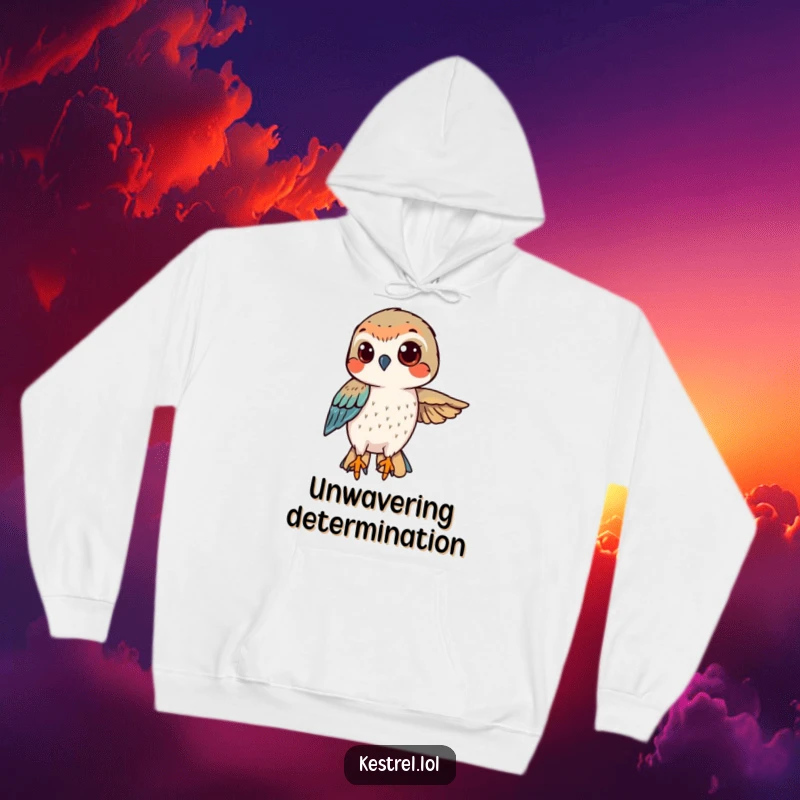 Funny kestrel hoodie showing a determined bird hovering with a confident gaze, embodying focus.