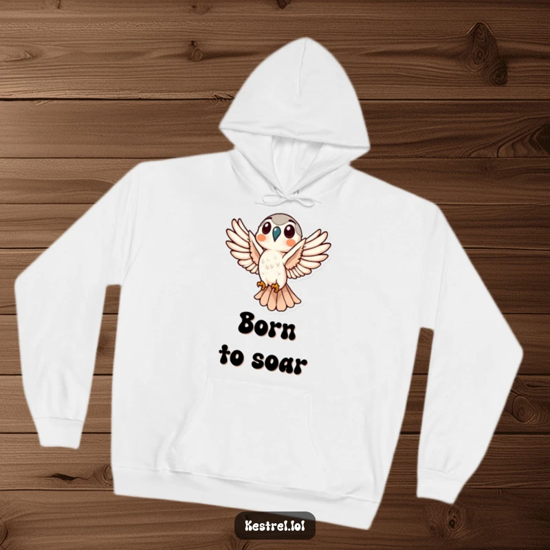 Funny Kestrel Flight Hoodie depicting a kestrel soaring with wide wings, symbolizing freedom and humor.
