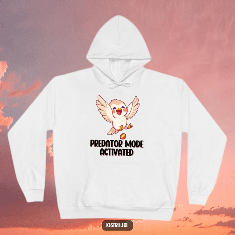 Funny kestrel hoodie with a delighted character joyfully diving towards small prey, offering cozy humor and a sense of focused intensity.