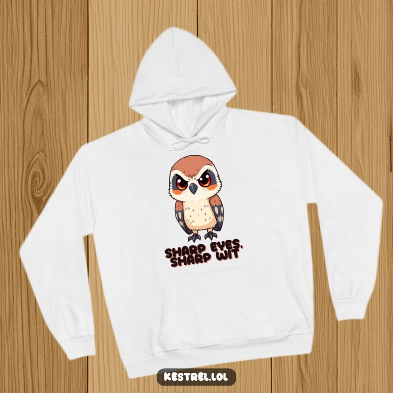 Funny hoodie with a kestrel character looking intently with sharp, focused eyes, offering warmth and humorous bird-of-prey style.