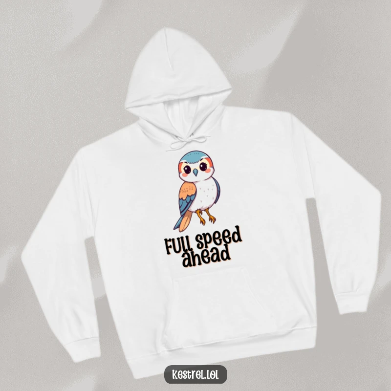 Funny kestrel hoodie showcasing a stylized bird of prey in a powerful downward swoop with tucked wings, embodying speed and grace.