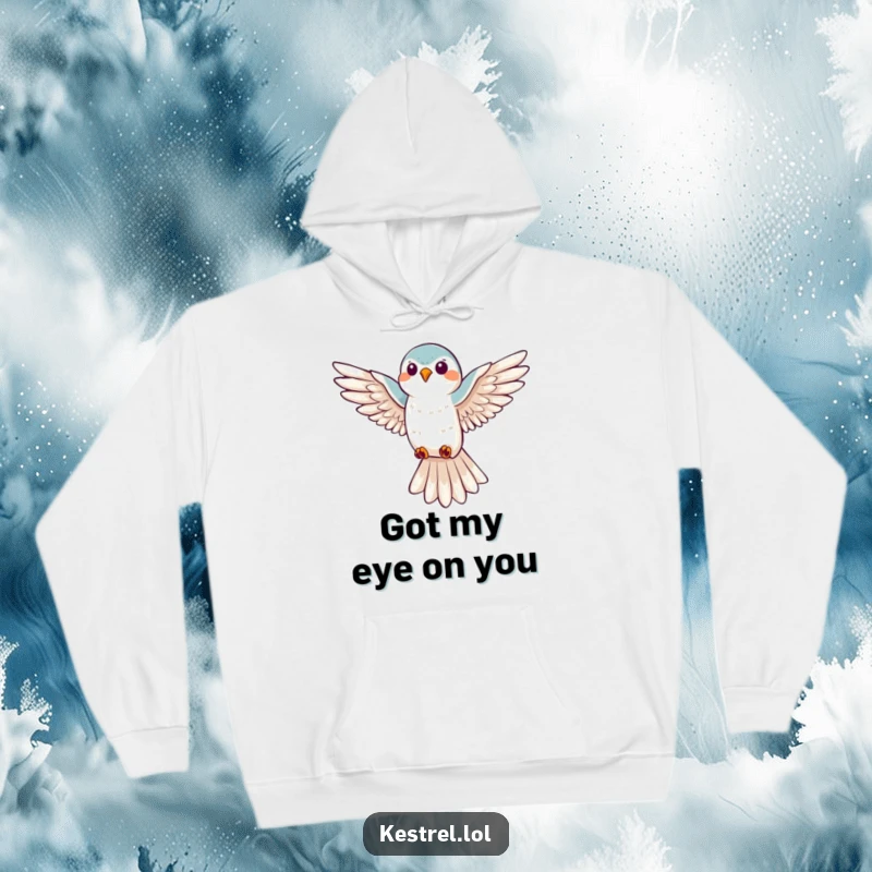 Funny kestrel hovering hoodie, showcasing a happy bird with wide wings, looking down, ideal for cozy comfort and bird enthusiasts.