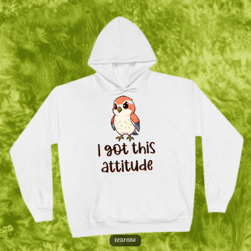 Funny proud kestrel hoodie featuring a kestrel character puffing its chest with resolve, offering warmth and inspiration.