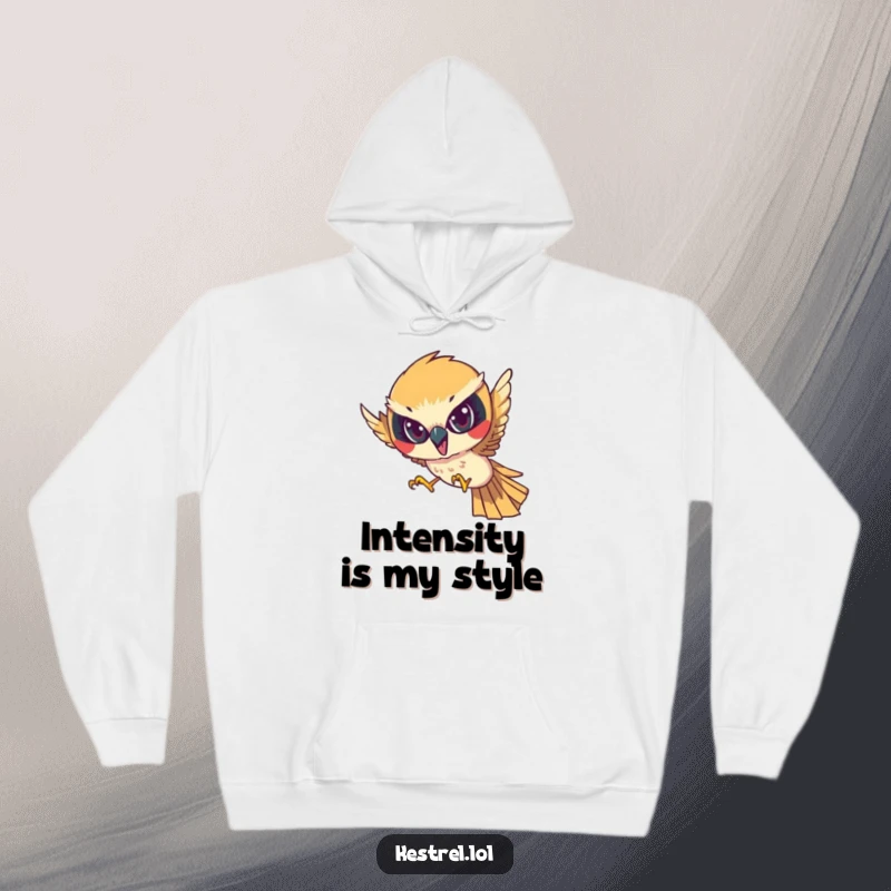 Funny hoodie featuring a determined kestrel character diving with focused intensity, ideal for staying warm while maintaining concentration.