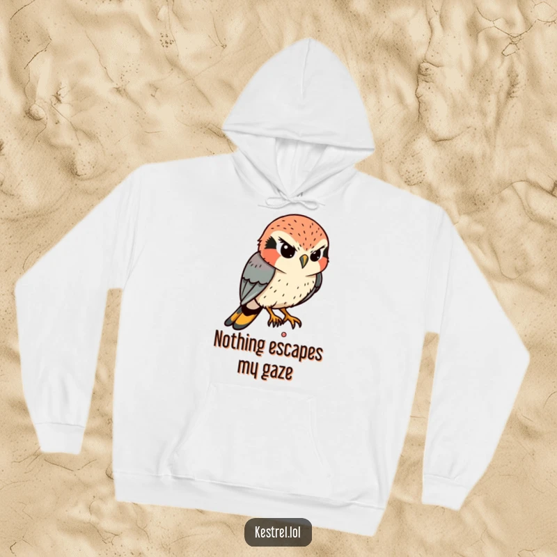 Funny Kestrel Hoodie: A determined kestrel intently eyes a tiny movement below, its focus humorously amplified.