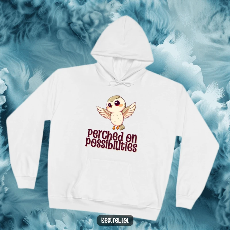 Funny kestrel hoodie featuring a curious bird hovering intently, offering warmth and humor for birdwatching fans. A delightful gift.