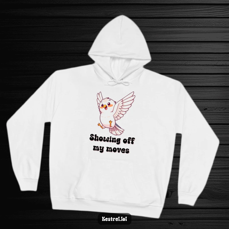 Funny kestrel hoodie, joyful bird character performing an aerial trick, warm and soft, humorous gift.