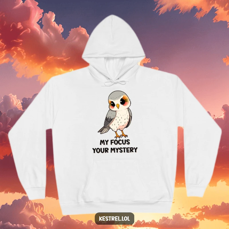 Funny kestrel hoodie, soft apparel with a curious bird tilting its head, observing the world below.