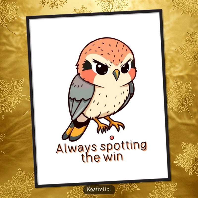 Funny Free Printable Wall Art: A determined kestrel character is intently eyeing a tiny movement below with focus.