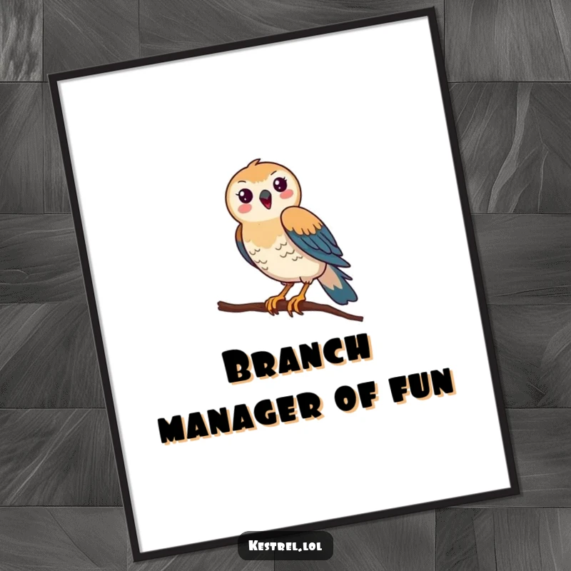 Funny Free Printable Wall Art: A kestrel character comically attempts to balance on a very thin branch.