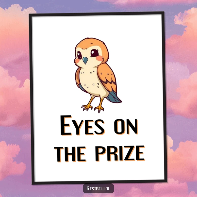 Funny Free Printable Wall Art depicting a smiling kestrel in a determined hunting pose, eye squinting, ready for action.