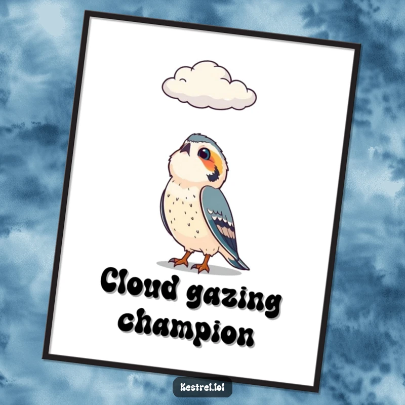 Funny Free Printable Wall Art of a curious kestrel character looking up thoughtfully at a passing cloud.