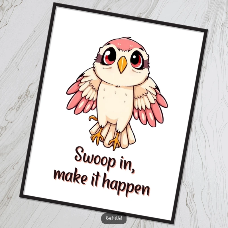 Funny Free Printable Kestrel Wall Art: Kestrel in a dramatic, wide-eyed swoop, capturing a moment of dynamic and humorous avian action.
