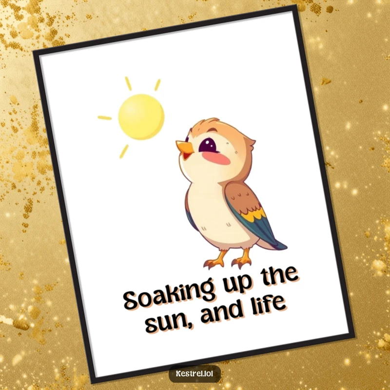 Funny Free Printable Wall Art: Kestrel character looking up at the sun with pure delight and contentment.