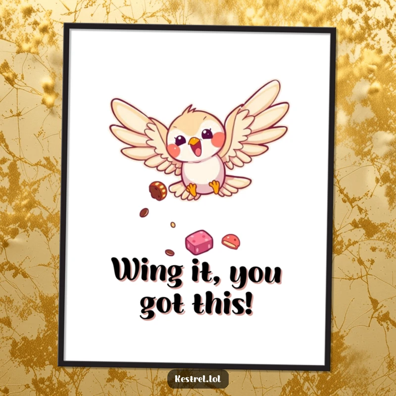 Funny Free Printable Kestrel Wall Art: Kestrel character diving playfully for a treat, with outstretched wings, bringing humor to decor.