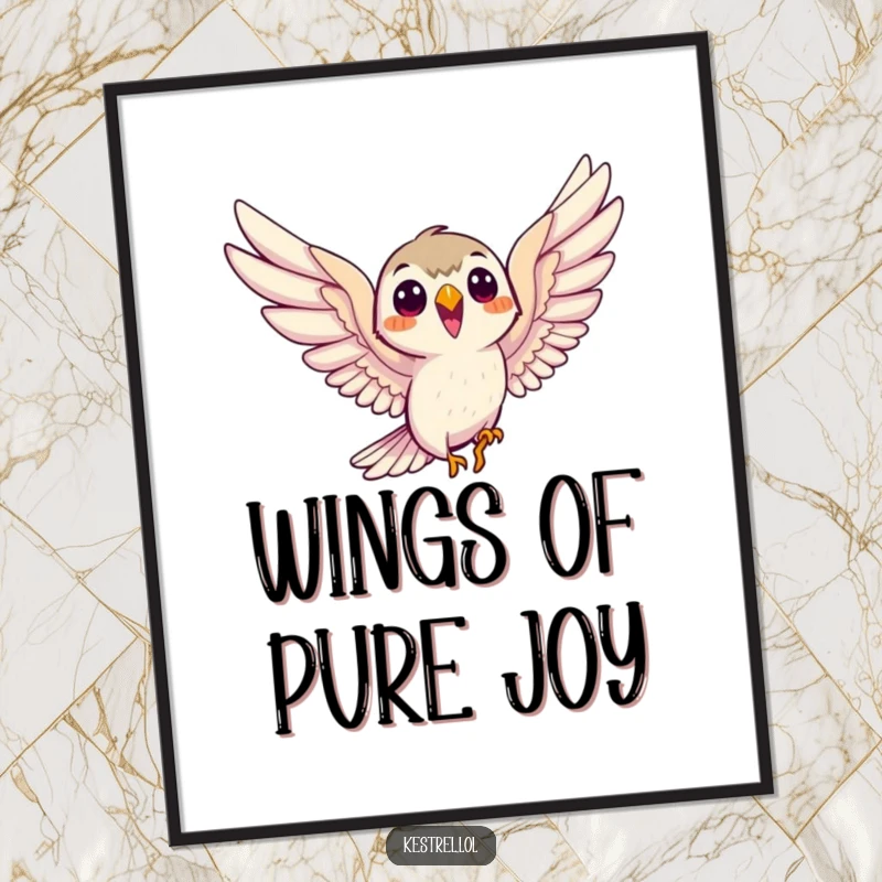 Funny Free Printable Wall Art: A smiling kestrel character eagerly soars with outstretched wings, embodying pure freedom.