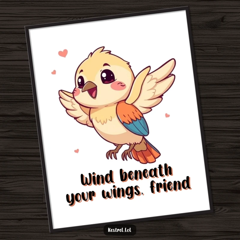 Funny Free Printable Wall Art of a gleeful kestrel character joyfully catching a playful breeze, perfect for quirky decor.