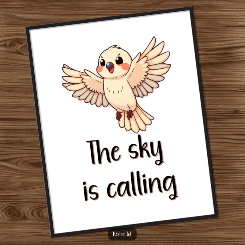 Funny Free Printable Wall Art: Happy kestrel with wings powerfully flapping, soaring through the sky with joy.