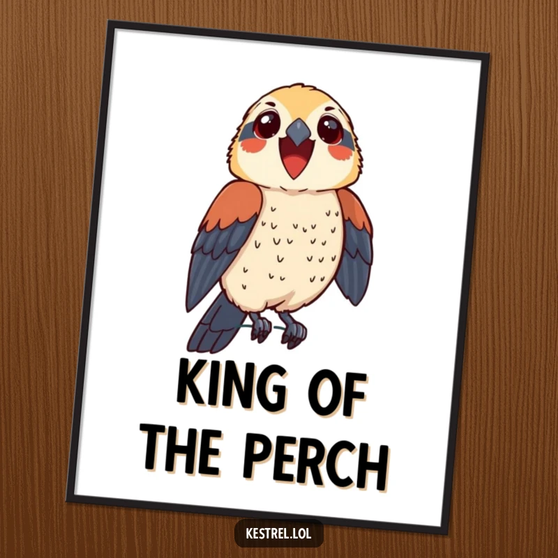 Funny Free Printable Wall Art of a thrilled kestrel character perching proudly, exuding confidence and humor.