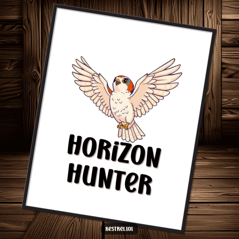 Funny Free Printable Wall Art of a kestrel soaring majestically, wings spread wide, eyes scanning intensely with an amusing expression.