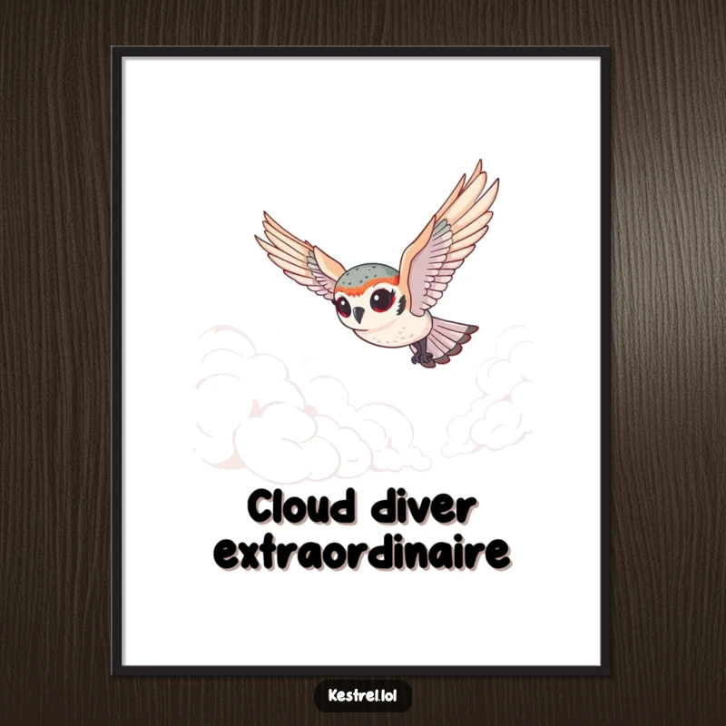 Funny Free Printable Wall Art of a tiny kestrel with exaggerated eyes diving gracefully through fluffy clouds, bringing joy.